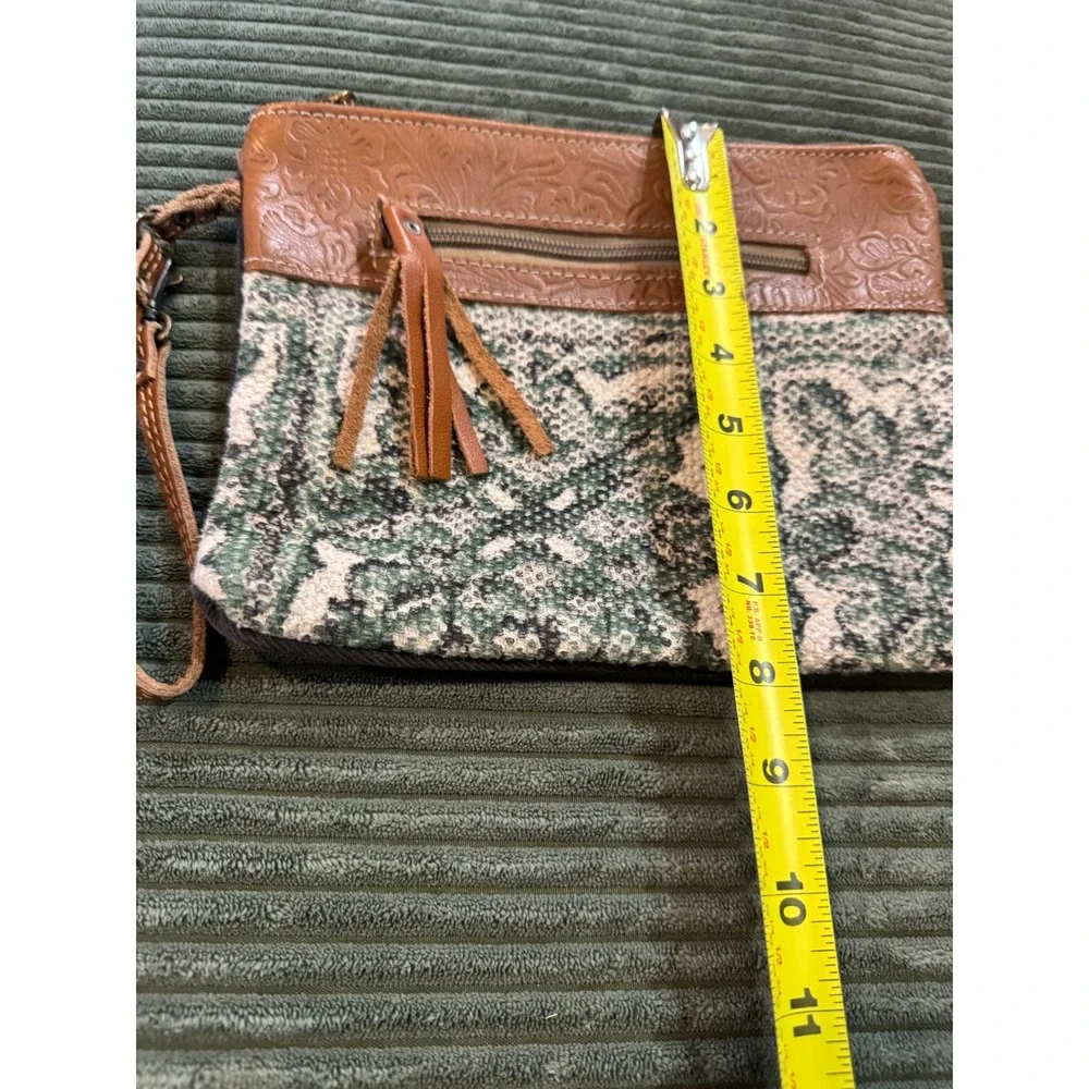 Myra Bag‎ Leather Tooled Canvas Clutch Wristlet Tassel Zipper Pouch Boho